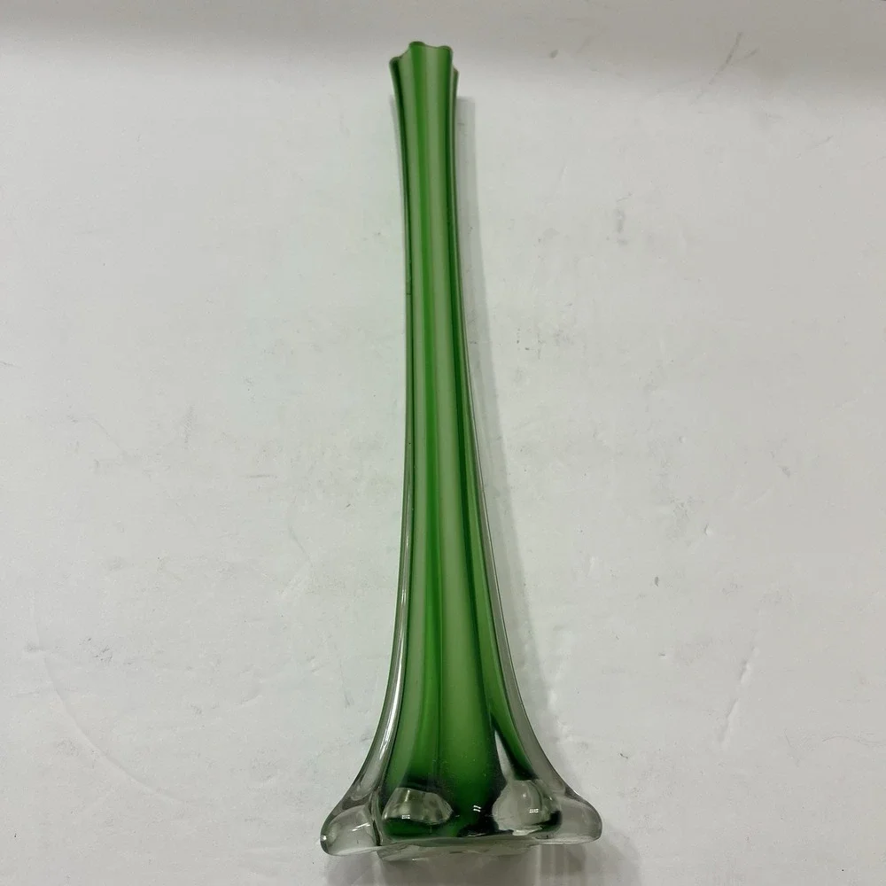 Vintage Art Glass Bud Base Green Clear Accents Petal-Shaped Base 11.5